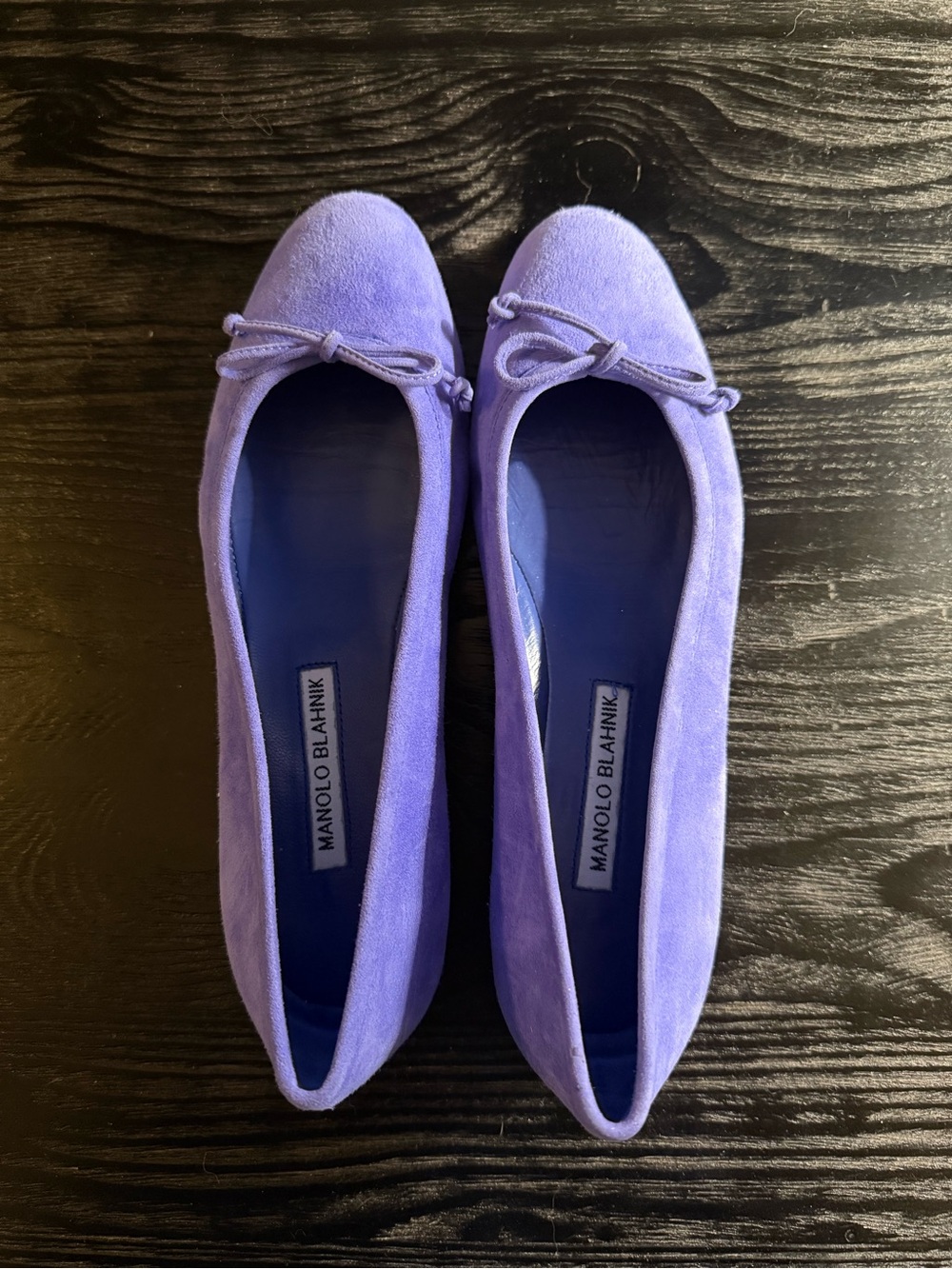 Manolo Blahnik Lavender Suede Bow Ballet Flats